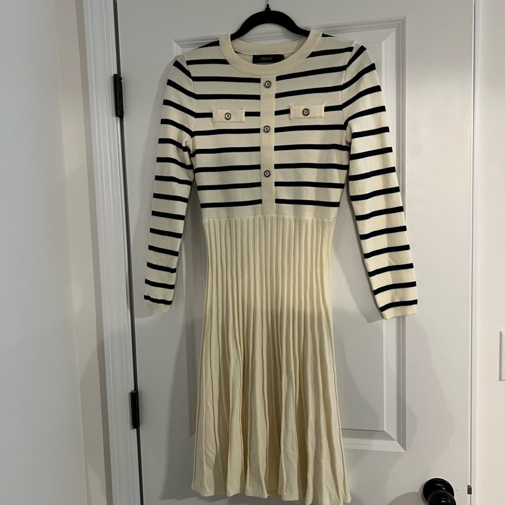 Sandro Black and Cream Striped Long Sleeve Dress